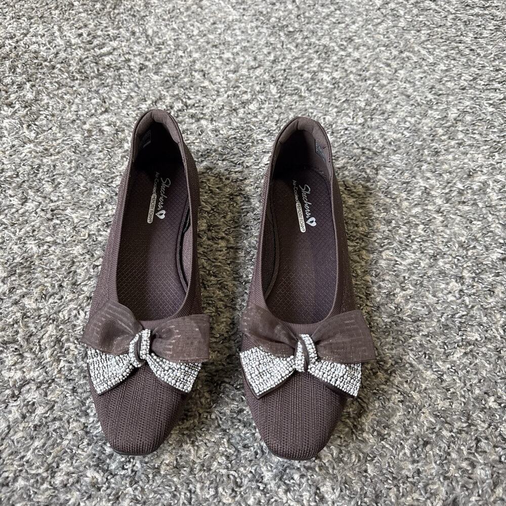 Skechers Womens Cleo Snip Vegan Knit Bow Flats Shoe Chocolate Embellished 11 NEW
